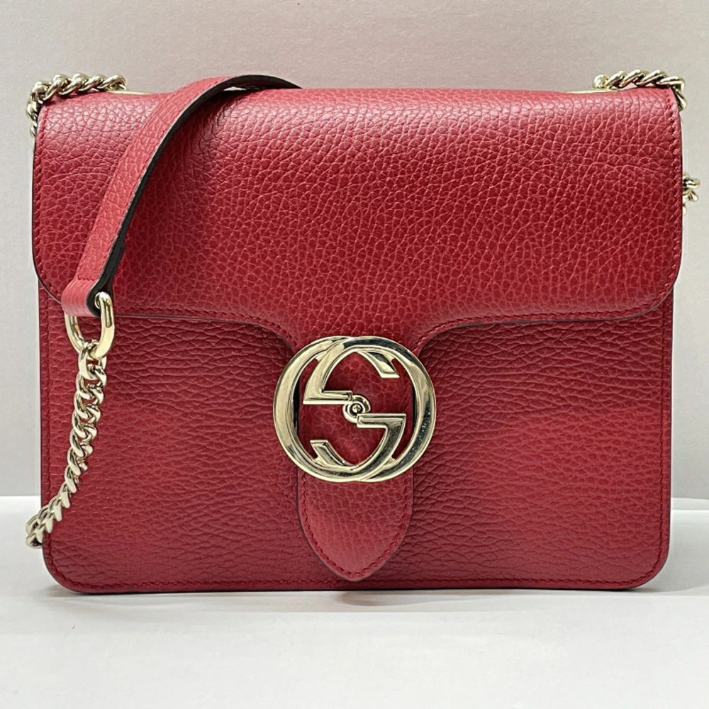 Gucci Interlocking GG Chain Strap Shoulder Bag Leather Red